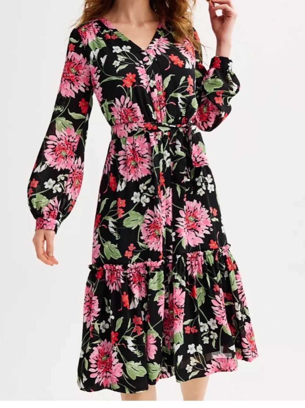 Draper James RSVP Floral Midi Dress Small Pink Blac Waist Long Sleeve